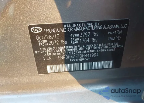 2013 Hyundai Elantra Limited из США, поврежденный, VIN 5NPDH4AE1DH441964